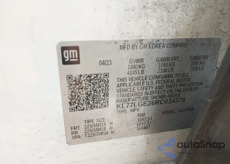 2024 Chevrolet Trax Fwd 1Rs из США, поврежденный, VIN KL77LGE26RC034378